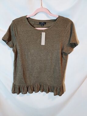NWT J.Crew 100% Linen Ruffle Hem Peplum Tee - Olive Green - S